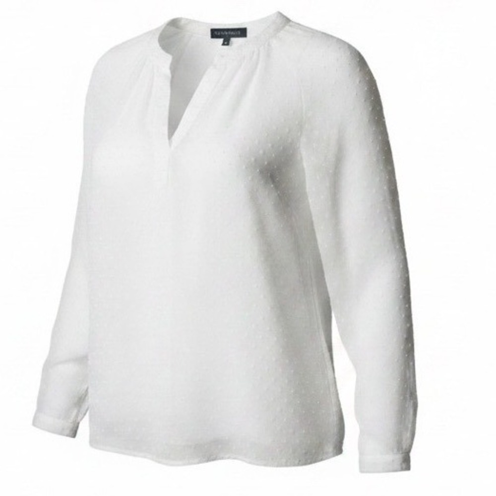 Gibsonlook‎ Womens White Swiss Dot Long Sleeve Split V-Neck Blouse CSD9121 Small